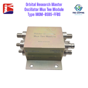Front view of Orbital Research Master Oscillator Mux Tee Module Type MOM-BSBS-FFBS. Shows 10MHz In/Out ports and DC power inputs.