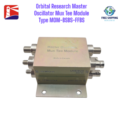 Front view of Orbital Research Master Oscillator Mux Tee Module Type MOM-BSBS-FFBS. Shows 10MHz In/Out ports and DC power inputs.