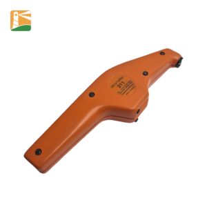 An angled view of an orange, handheld Elcometer 211 mechanical coating thickness gauge, commonly known as a 'Banana Gauge,' against a plain white background. The device features a curved ergonomic body with a measuring wheel at the tip and a circular label on the side displaying the model name and 'Made in England